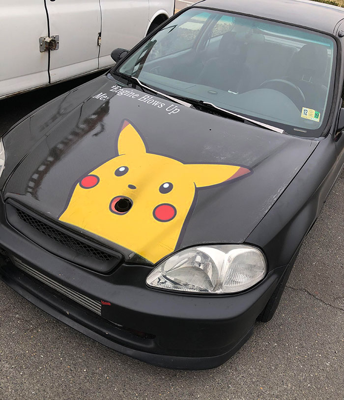 Funny car with Pikachu decal on the hood spotted in the street.