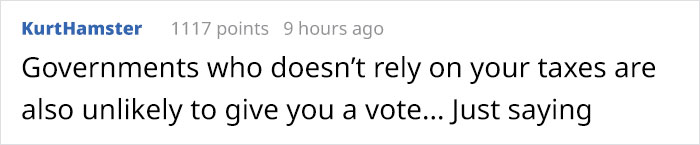 Meme text humorously critiques government tax system and voting influence.