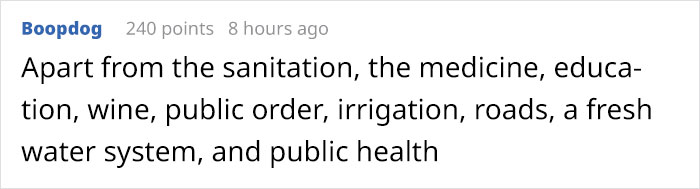 Text post humorously listing government tax benefits, mentioning sanitation, medicine, education, and public health.