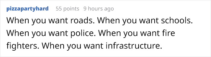 Government tax system meme highlighting public service needs like roads, schools, police, firefighters, and infrastructure.