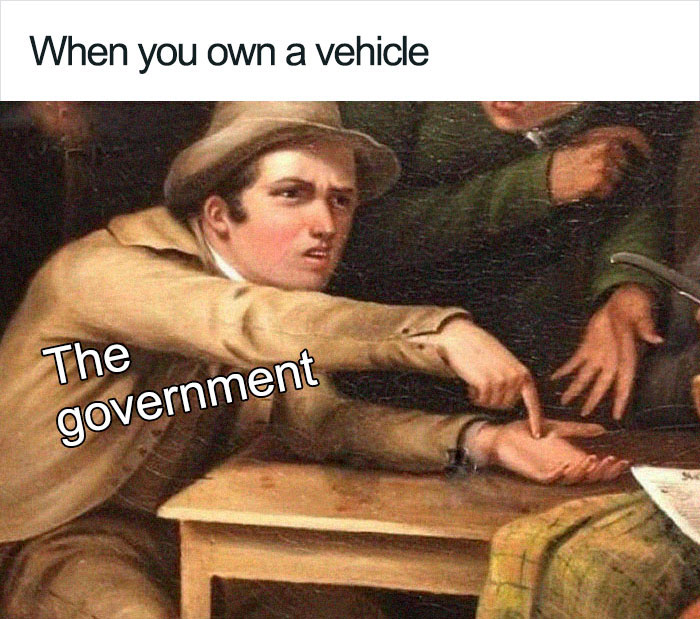 Meme illustrating how the government tax system works; a man pointing at his hand with text "The government.