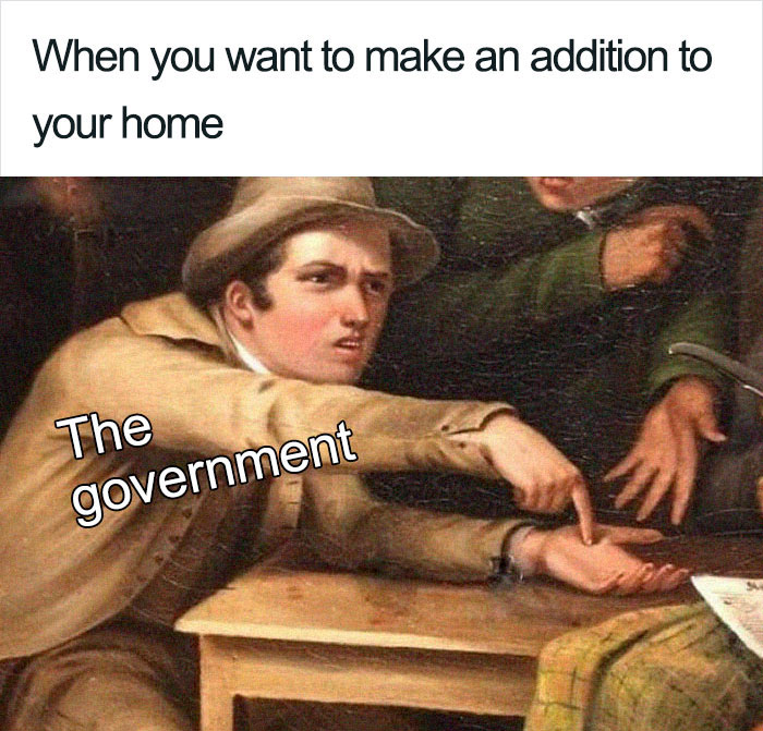 Government tax system meme with a pointing person labeled "The government," humorously depicting taxation process.