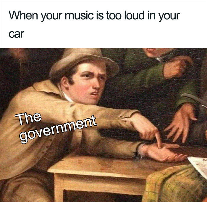 Meme illustrating how the government tax system works, featuring a person in a hat pointing dramatically.