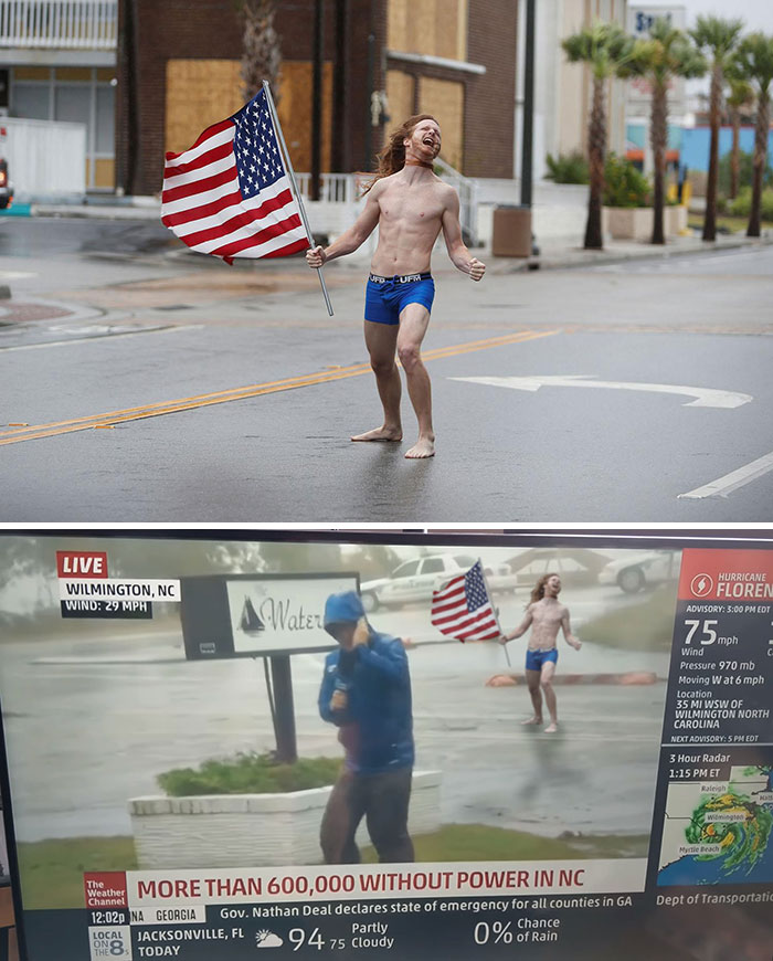 Red-Headed Man Wearing Blue Underwear Standing In Street With American Flag During Hurricane Florence