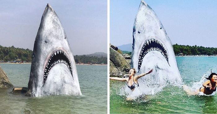 Graffiti Artist Turns A Beach Stone Into A Great White Shark And People Post Their Best Pics With It