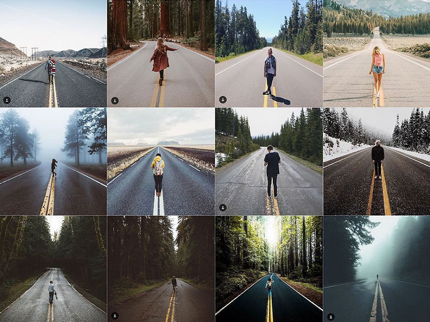 Person Standing Precisely Between The Two Center Lines On A Paved Road