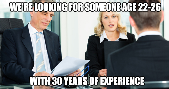 Interview meme shows unrealistic job requirements from employers.