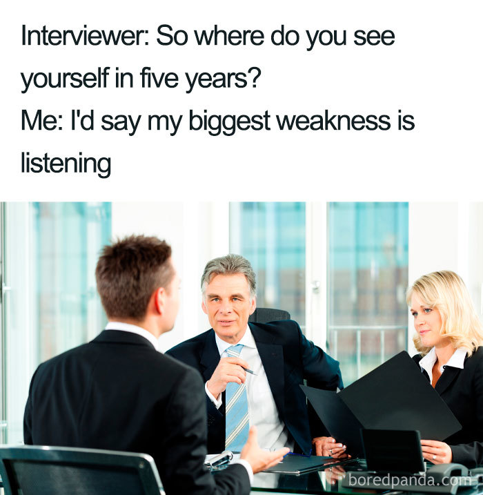 Business professionals in a job interview meme discussing future goals humorously.