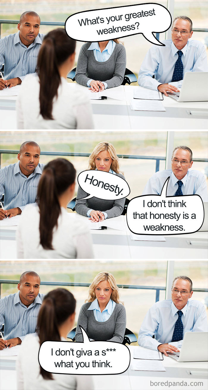 Job interview meme with humorous dialogue about honesty as a weakness.