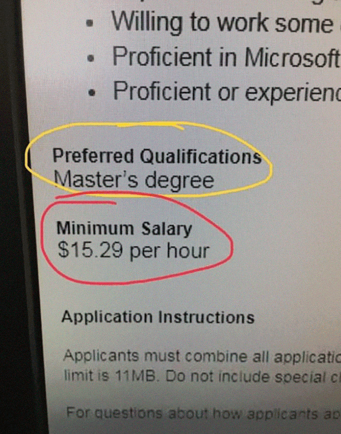 Job interview meme showing a master's degree required for a $15.29 per hour salary.