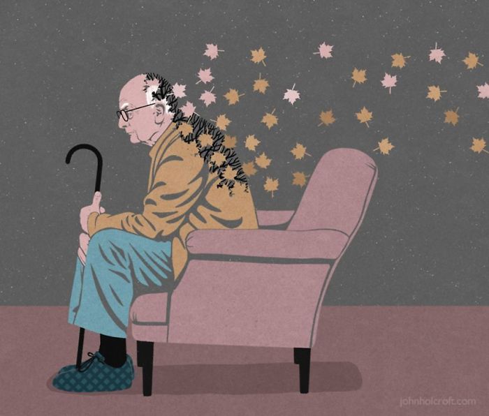 Illustration showing an elderly man losing leaves from his back, symbolizing issues in today’s society by John Holcroft.