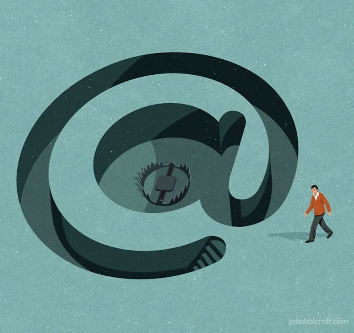 Illustration showing a man approaching an email symbol trap, highlighting problems in today's society by John Holcroft.