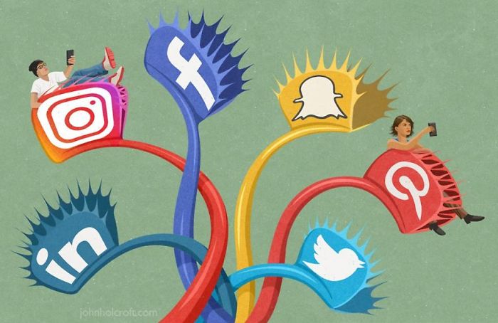 Illustration showing people trapped on social media logos, highlighting issues in today's society with digital a*******n and isolation.