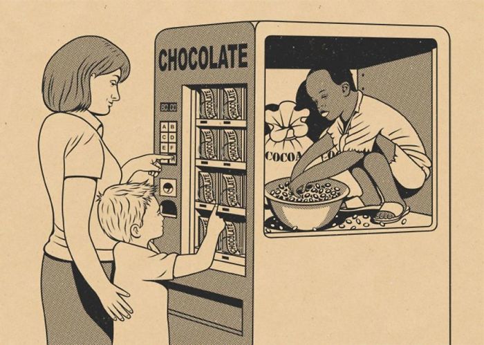 Illustration showing consumer buying chocolate from a vending machine while a child works harvesting cocoa, highlighting societal issues.