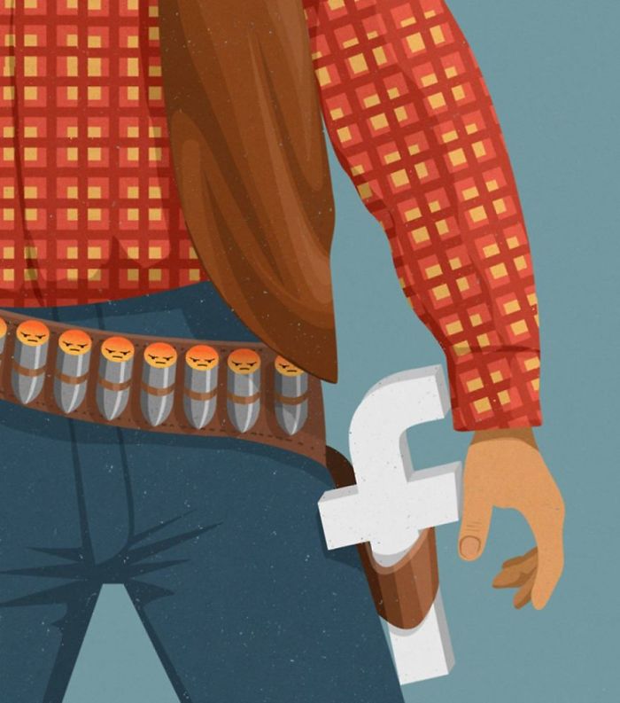 Illustration depicting social media as a weapon in today’s society, highlighting critiques in honest illustrations by John Holcroft.