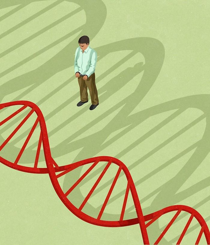 Illustration showing a man standing with handcuffs near a large DNA strand symbolizing society's problems.