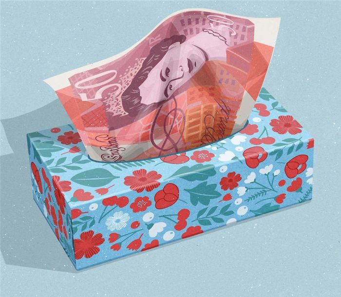 Illustration showing money used as a tissue box tissue, symbolizing issues in today's society by John Holcroft.