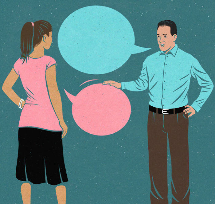 Illustration depicting a man and woman in conversation with empty speech bubbles, highlighting society issues.