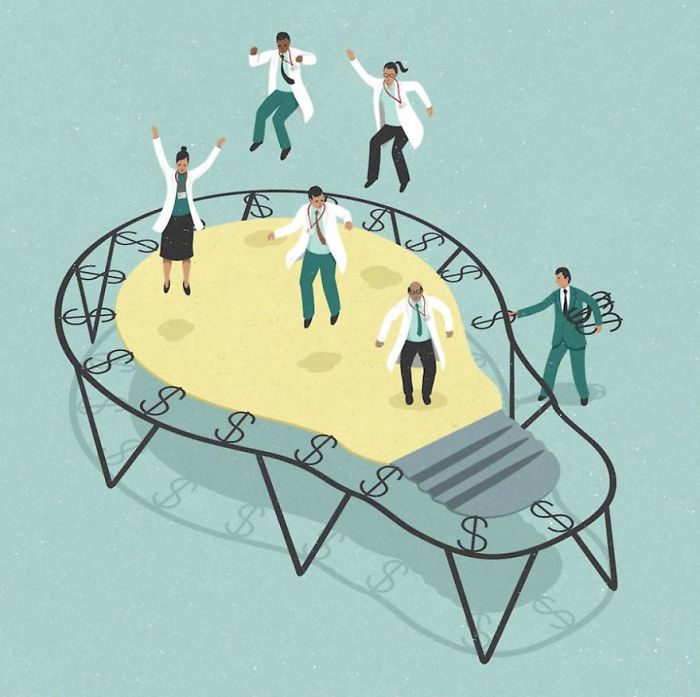 Doctors in white coats jumping on a light bulb-shaped trampoline made of dollar signs about society issues illustration.