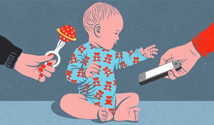 Illustration showing a baby rejecting a toy and reaching for a smartphone, highlighting issues in today's society.