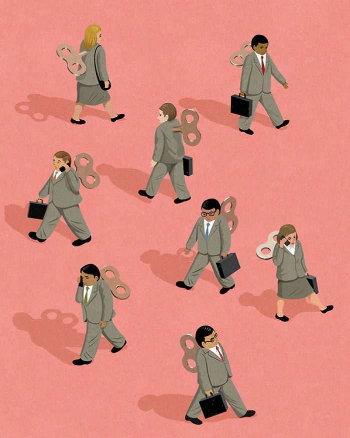 Businesspeople in suits with wind-up keys on their backs, illustrating problems in today's society.