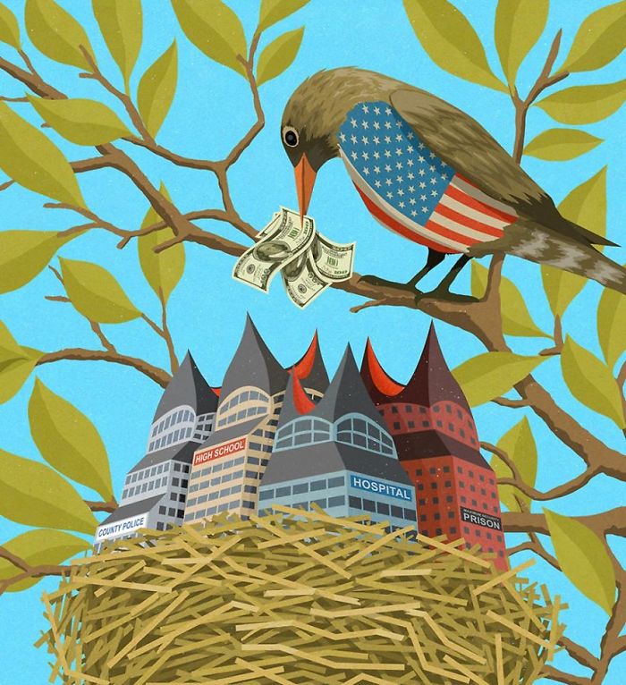 Illustration showing societal institutions as birds in a nest with money feeding them, highlighting issues in today's society.