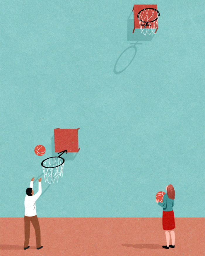 Illustration showing unequal basketball hoops highlighting societal inequalities in honest illustrations about today's society.