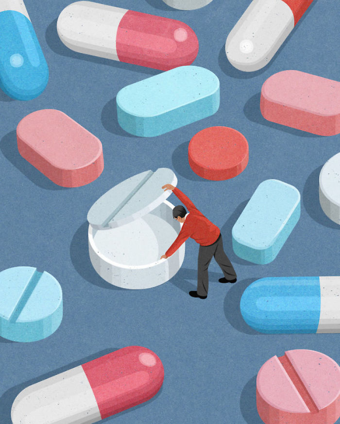 Man opening giant pill among oversized pills, illustrating societal issues in honest illustrations about today's society.