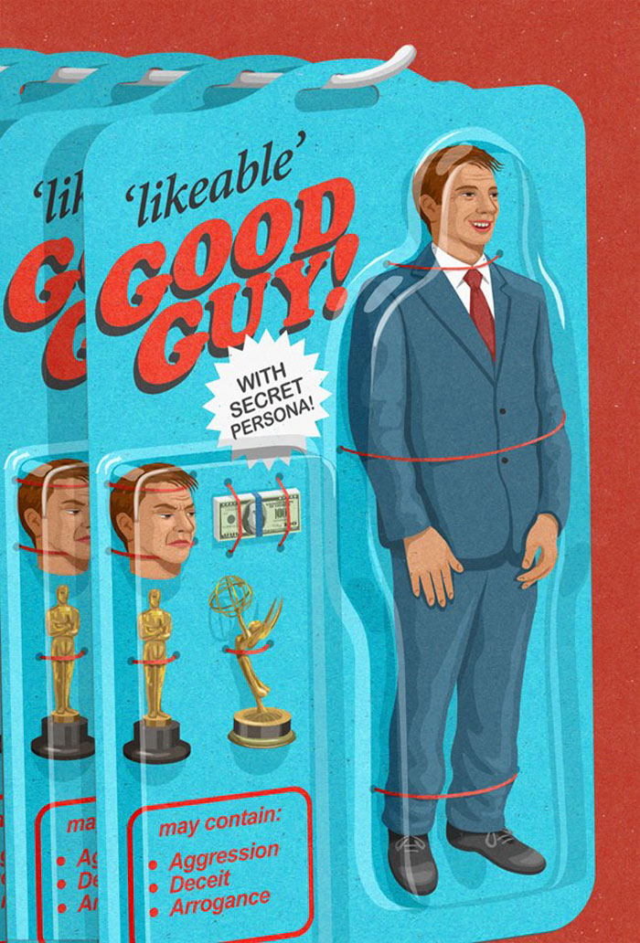 Illustration showing a likeable good guy toy packaging with hidden aggression, deceit, and arrogance traits.