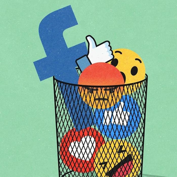 Illustration showing social media icons and emojis in a trash bin highlighting issues in today's society by John Holcroft.