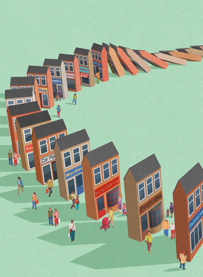 Illustration of small shops forming a domino effect, symbolizing issues in today's society by John Holcroft.