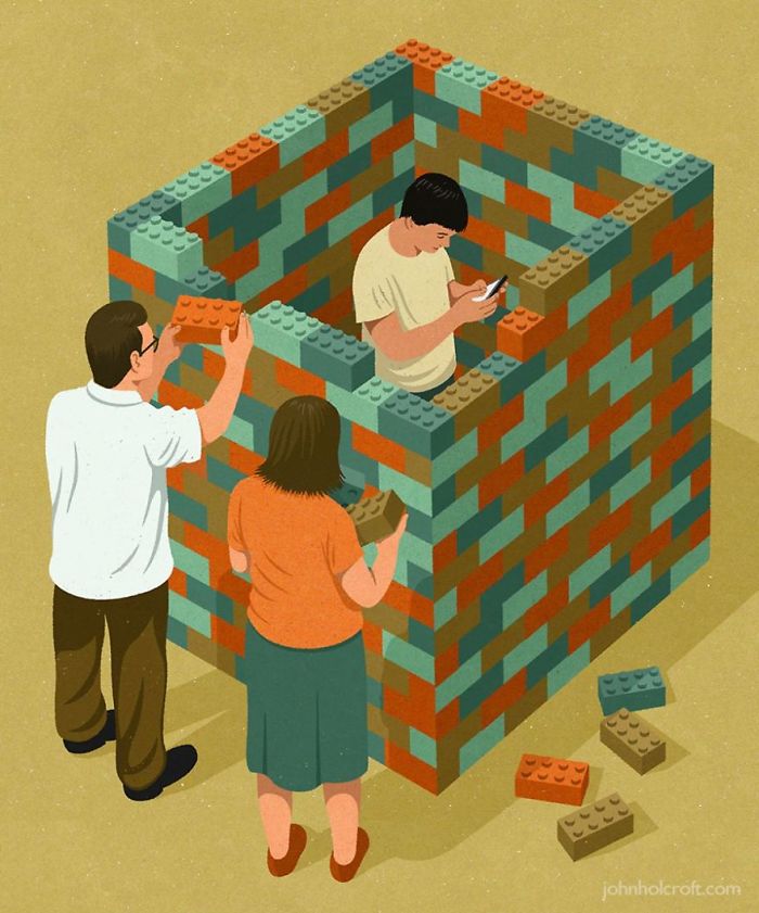 Illustration showing a young person isolated in a brick wall made of toy blocks, highlighting issues in today's society.