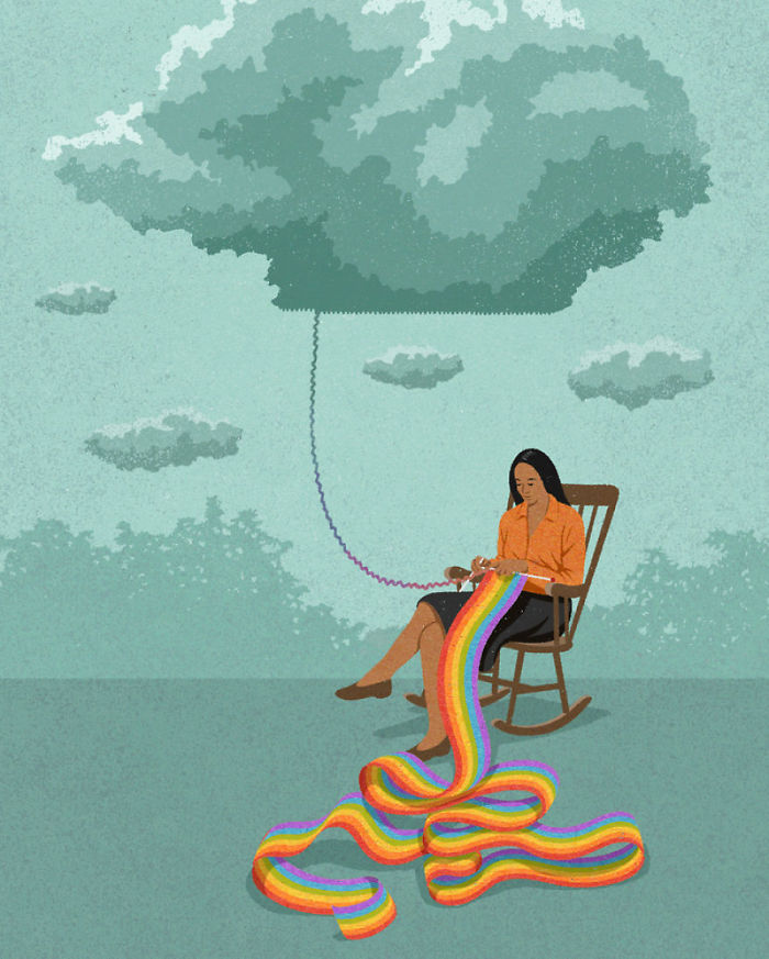 Woman in a rocking chair knitting a rainbow connected to a dark cloud, symbolic of today's society issues illustration.