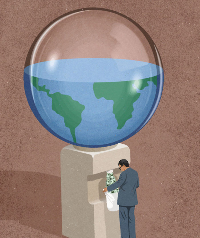 Illustration showing society's flaws with a man collecting money from a globe-shaped water dispenser symbolizing today's society problems.