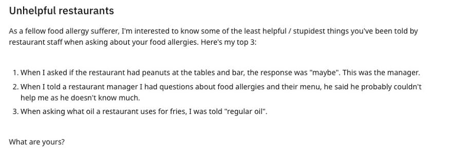 We Asked People With Food Allergies The Stupidest/Least Helpful Things They've Ever Been Told By Restaurant Staff (11 Responses)