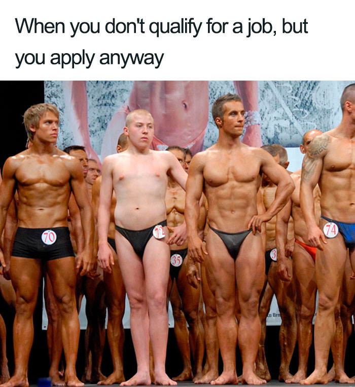 Funny job interview meme depicting a mismatched participant in a bodybuilding contest lineup.