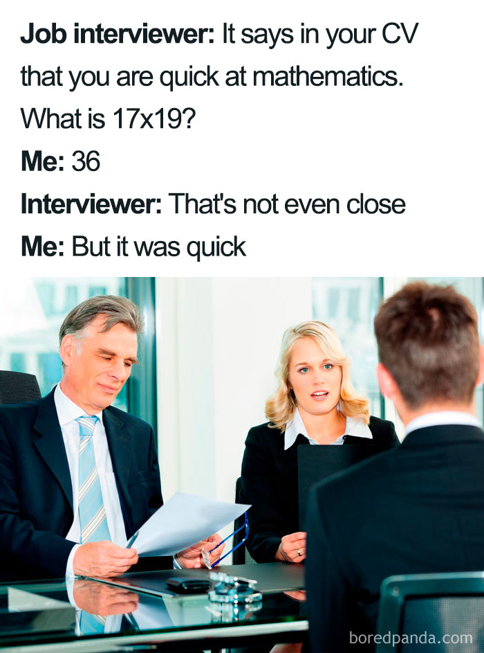 Job interview meme showing two interviewers surprised at a humorous math response from the candidate.