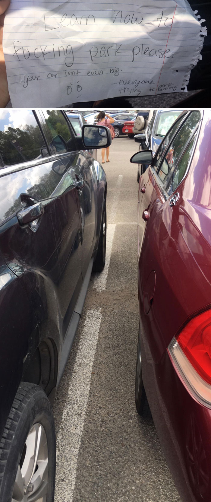 I’m The Owner Of The Red Car, Parked Inside The Lines And Came Back To This After Class