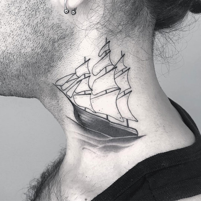 Ship Tattoo On Neck