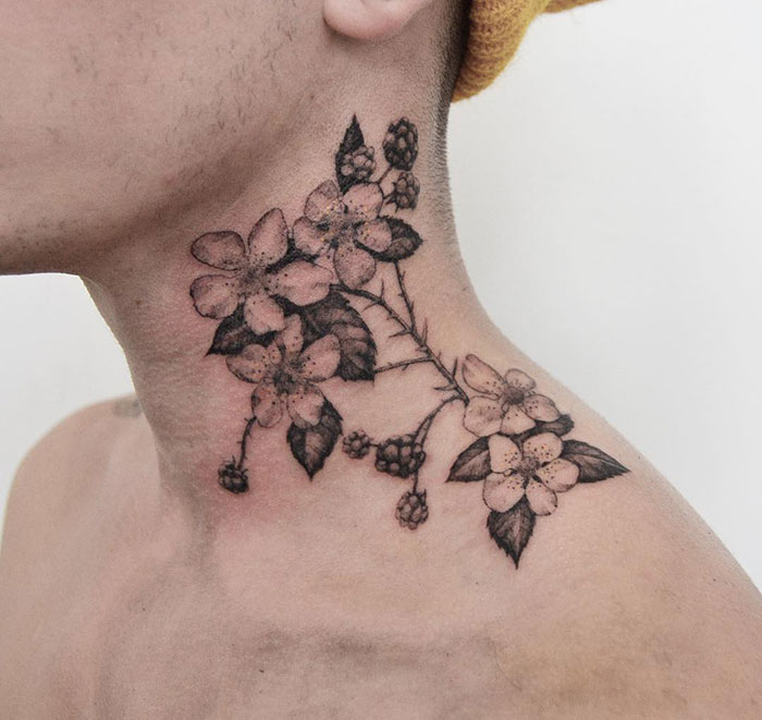 Blackberries And Blossoms In A Neck Tattoo