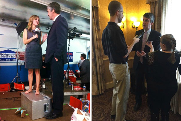 Tall people standing and talking, highlighting height differences and everyday struggles in social and professional settings.