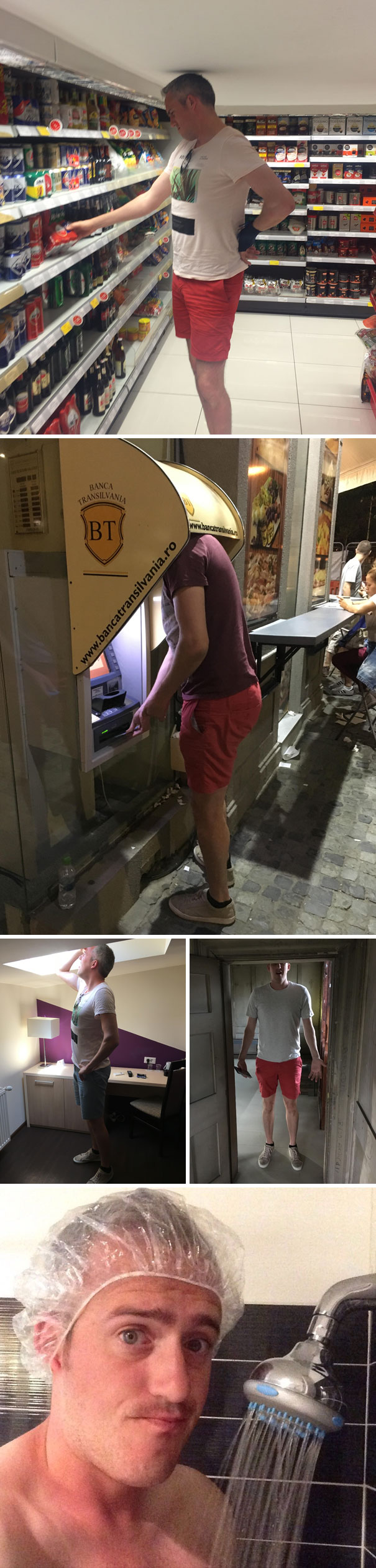 Tall man struggling with low ceilings, short doorways, and everyday tasks in humorous tall people struggles photos.