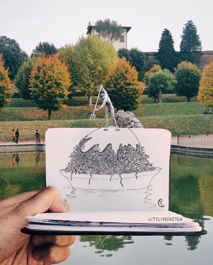 Drawings-Cartoons-Merged-With-Reality-Citylivesketch-Pietro-Cataudella
