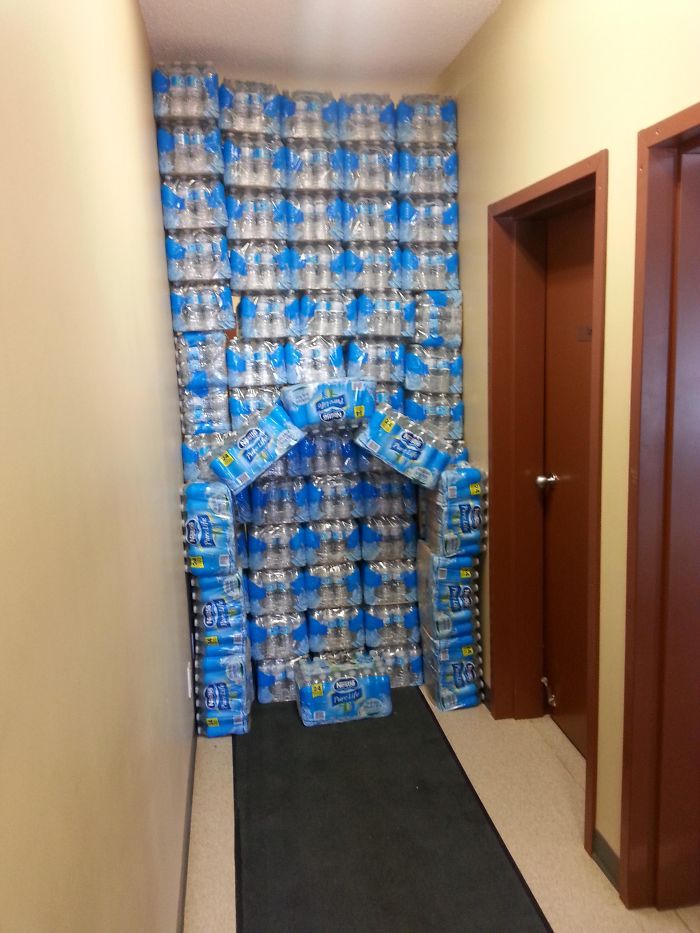 When Your Boss Is A Jerk And Demands You Stack The Water "So It Looks Nice"