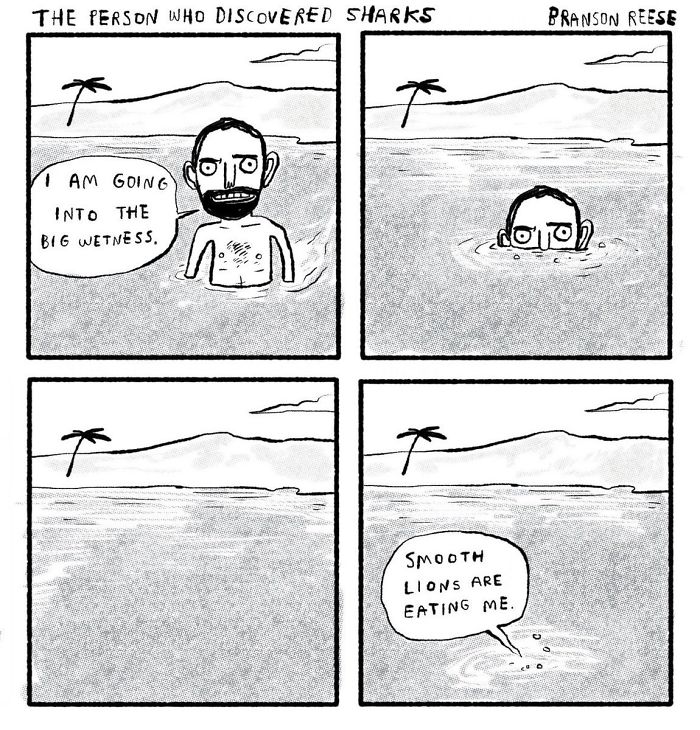 Comic about sharks with a person entering water, humorously calling sharks "smooth lions" in a four-panel sequence.