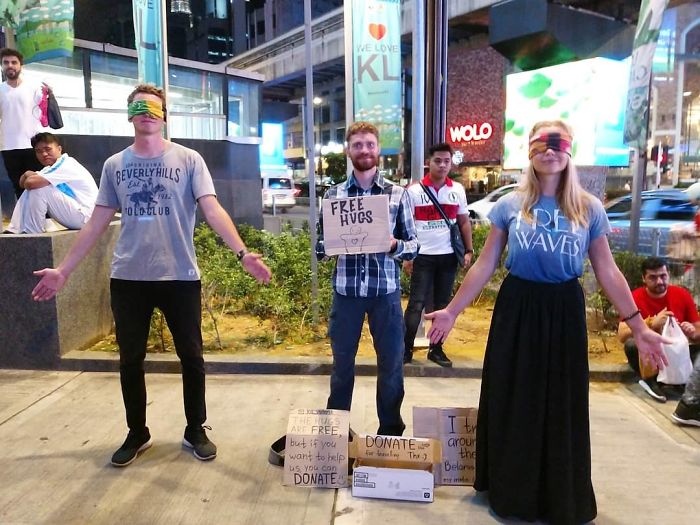 Yesterday I Saw These Blindfolded Travellers Asking For Money In One Of The Most Transited Areas Of The Shopping District Of Kuala Lumpur