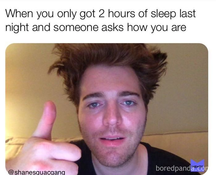 Tired man giving thumbs up after only 2 hours of sleep, illustrating one of the funniest sleeping memes ever.