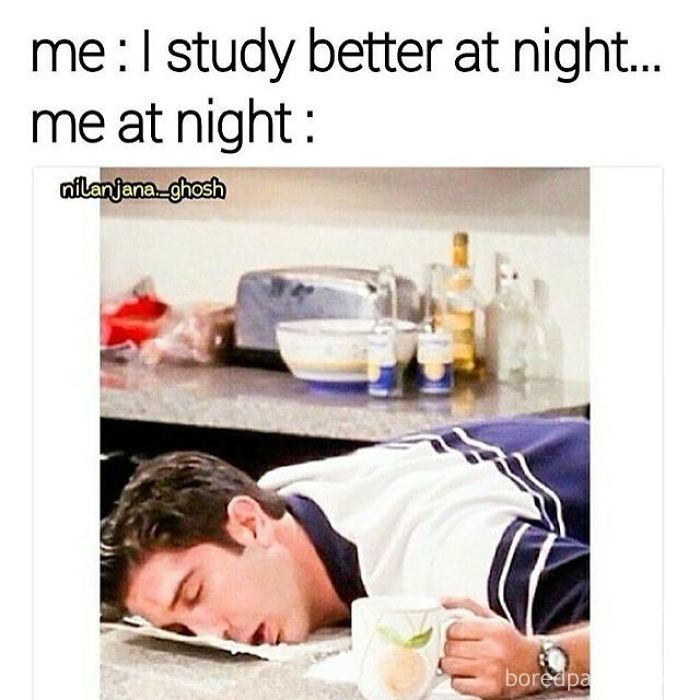 Man asleep on kitchen counter holding a cup, illustrating funny sleeping memes about studying at night failing.