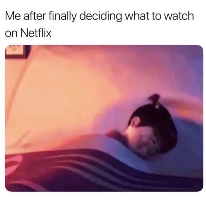 Child smiling peacefully in bed after deciding what to watch, a funny sleeping meme illustration.