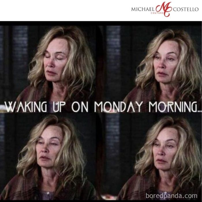 Woman with messy hair and tired expression in four photos illustrating the struggle of waking up, related to sleeping memes.